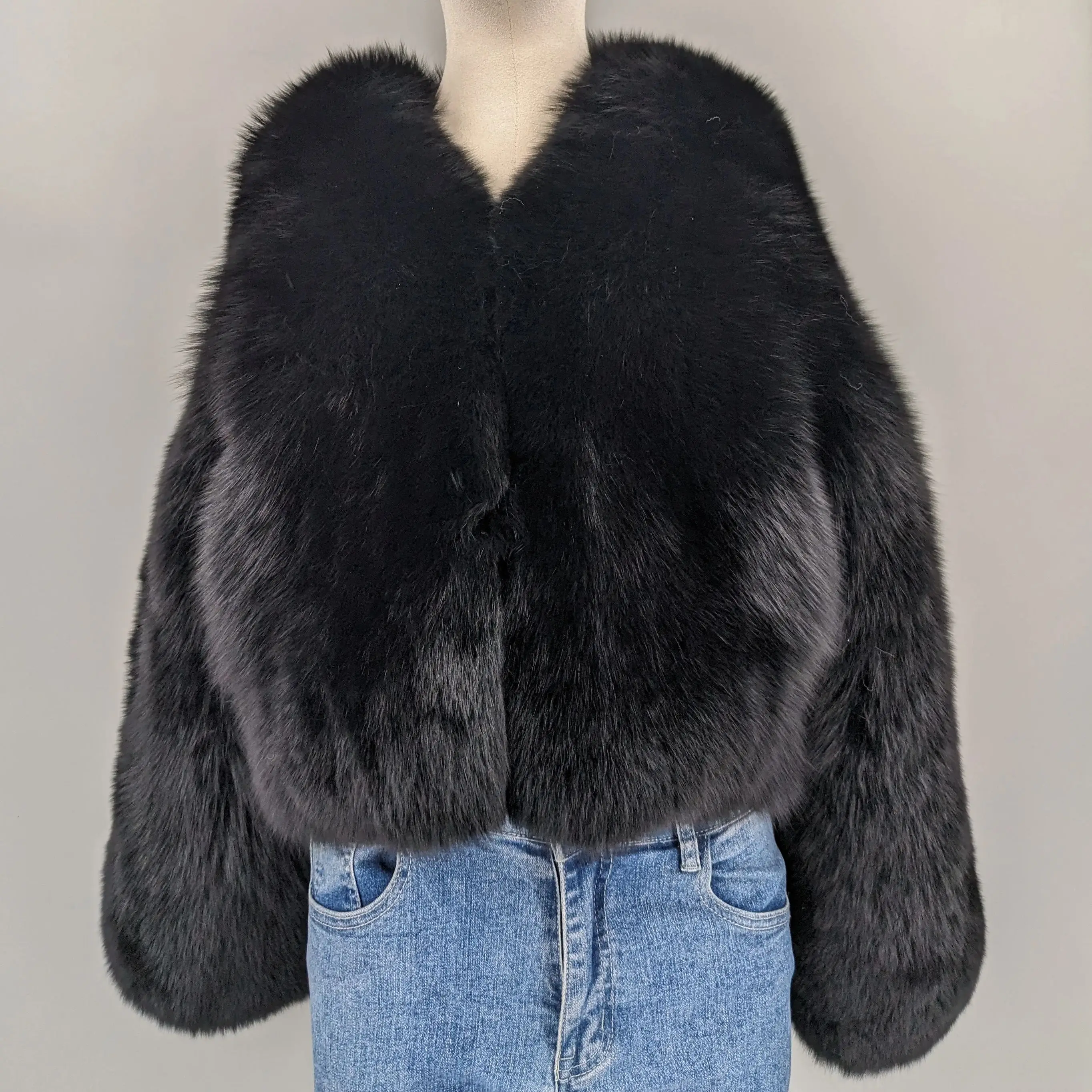 معطف قصير من فرو الثعلب الحقيقي بطول 45 سم وأكمام طويلة ناعمة ودافئة