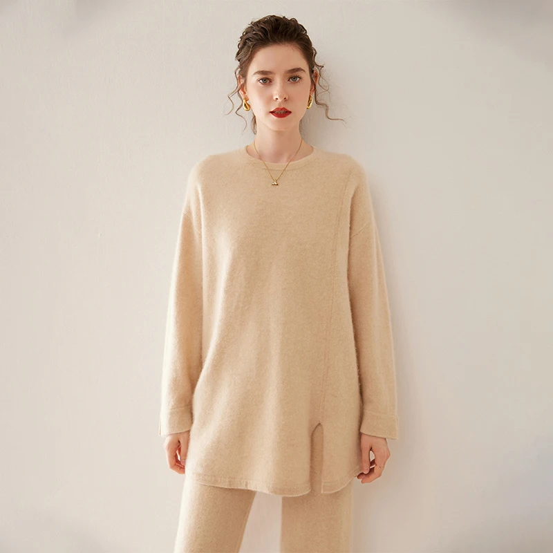 Autumn Winter Women 100% Cashmere Sweater Round Collar Pullover Soft Warm Cashmere Knitwear Long Sleeve Loose Mid-long Clothing