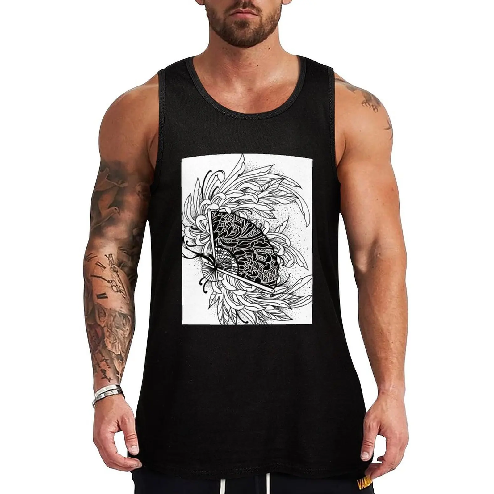 Oriental fan with chrysanthemums Tank Top Solid Color Basic Tank Top Regular Fit Casual Wear
