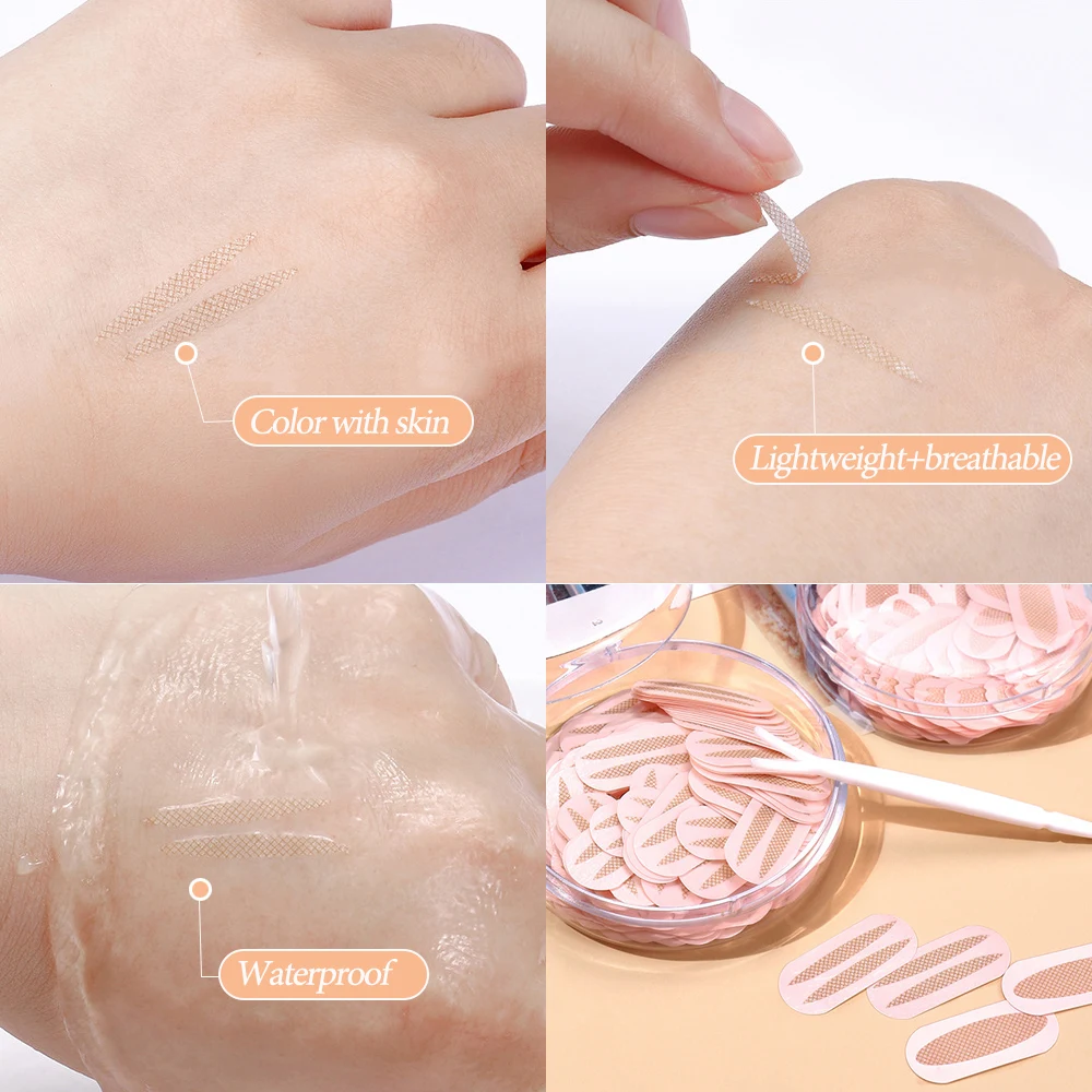 150 ชิ้น/กล่องสติกเกอร์ตาแห้งตาตาข่ายระบายอากาศได้ดีธรรมชาติมีกาวในตัวเทปสองตาลิฟท์สีเบจแถบแต่งหน้าเครื่องมือความงามตา