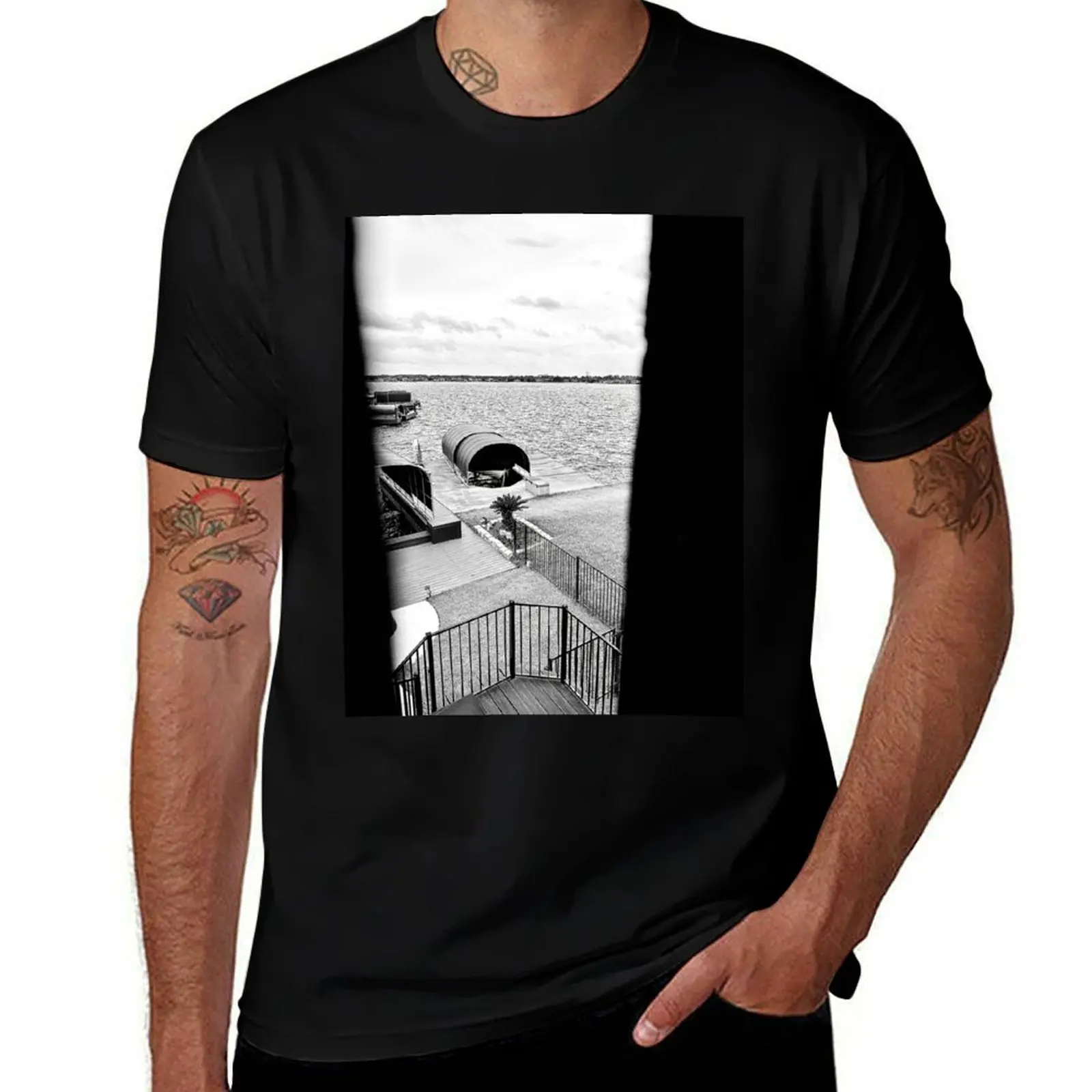 

Black and White Lake House Photography T-Shirt man t shirt cotton graphic tees essential t shirt t shirts for men pack