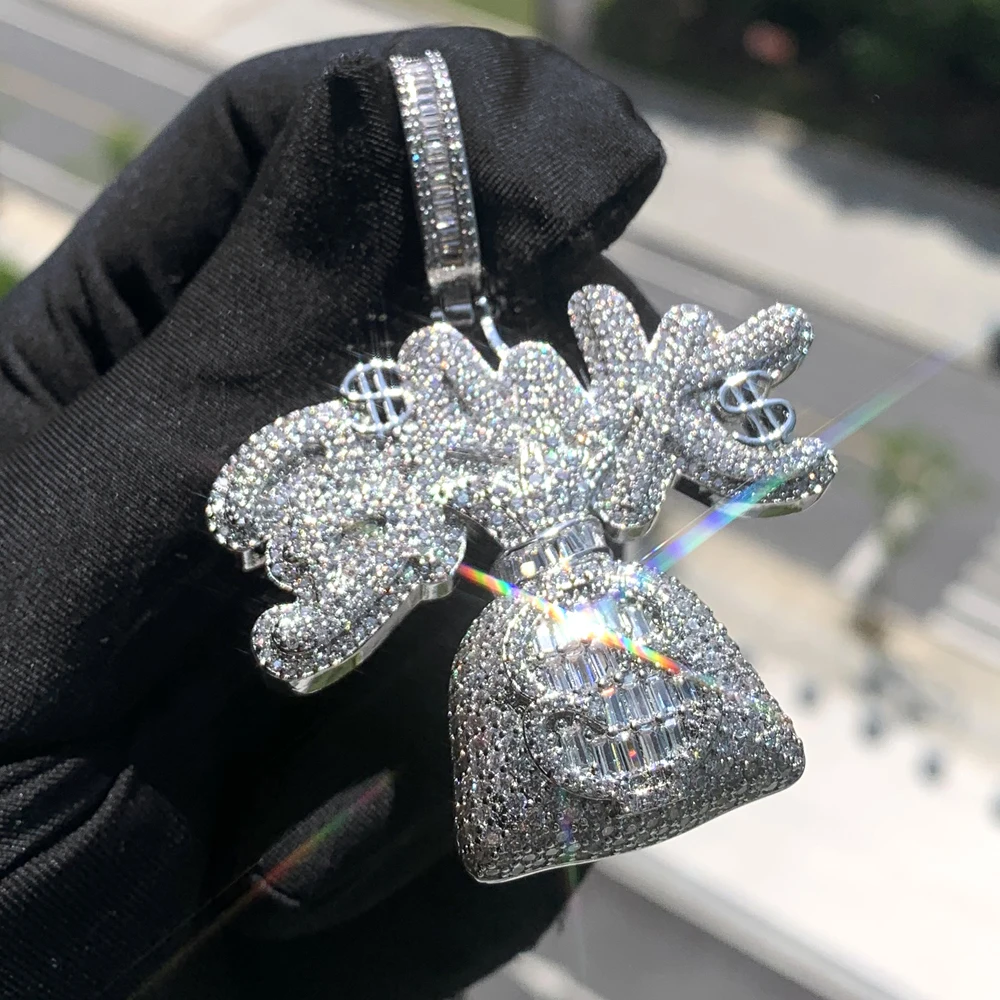 Iced Out Dollar Money Bag Pendants Full Paved Bling 5A Cubic Zirconia Cz Necklaces for Men's Women HIP HOP Rapper Jewelry