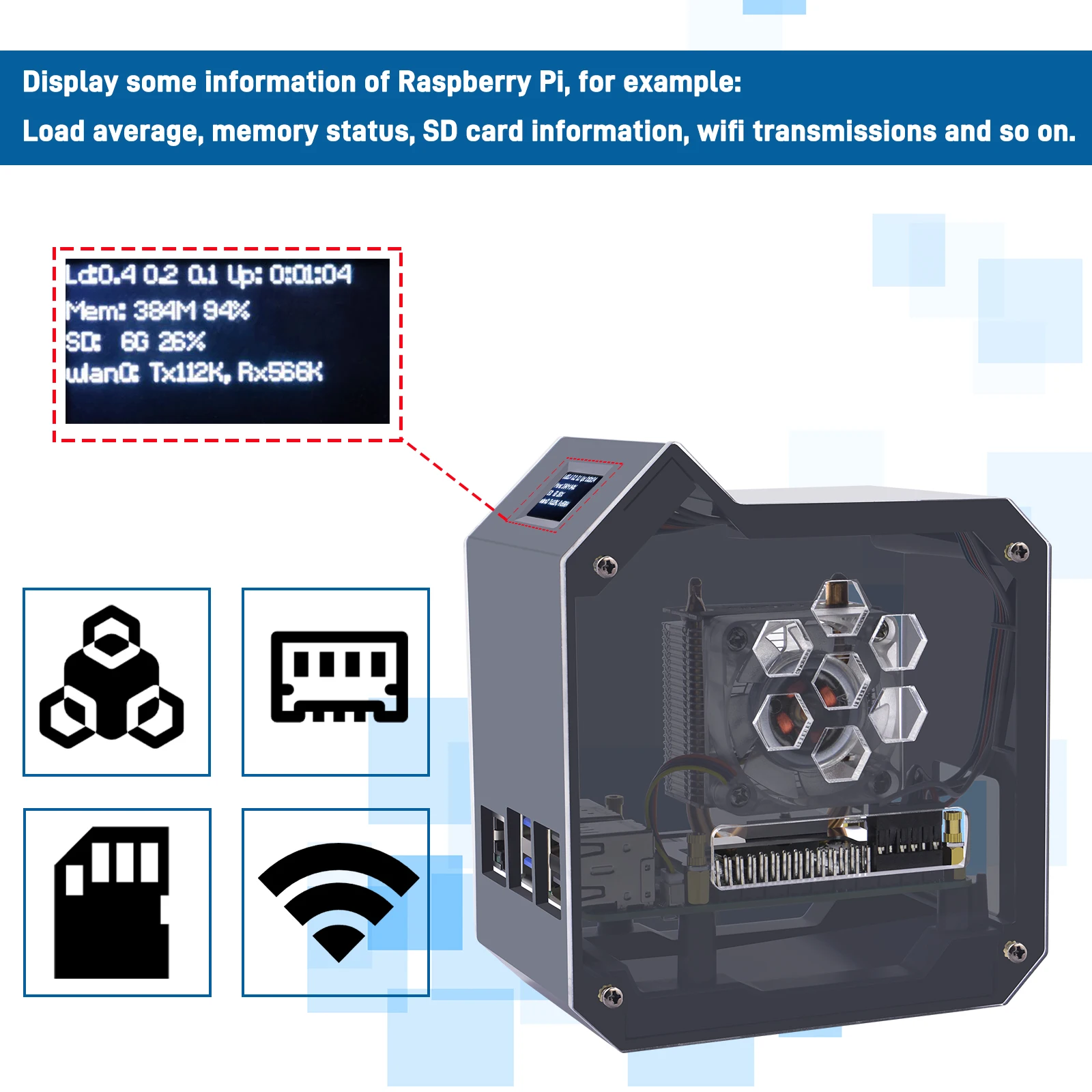 Imagem -04 - Raspberry pi Abs Mini Tower Case Tubo de Cobre Ventilador Torre de Gelo Pwm Jst 4pin Port Led Rgb 0.96 Display Oled Rpi Pi5