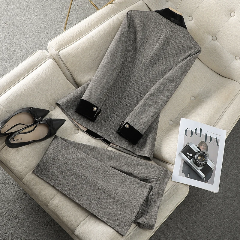 ZJYT Autumn Winter Women Blazer Set Korean Fashion Shawl Collar Jacket Long Pant Sets Two Pieces Outfit Office Lady Suit Clothes