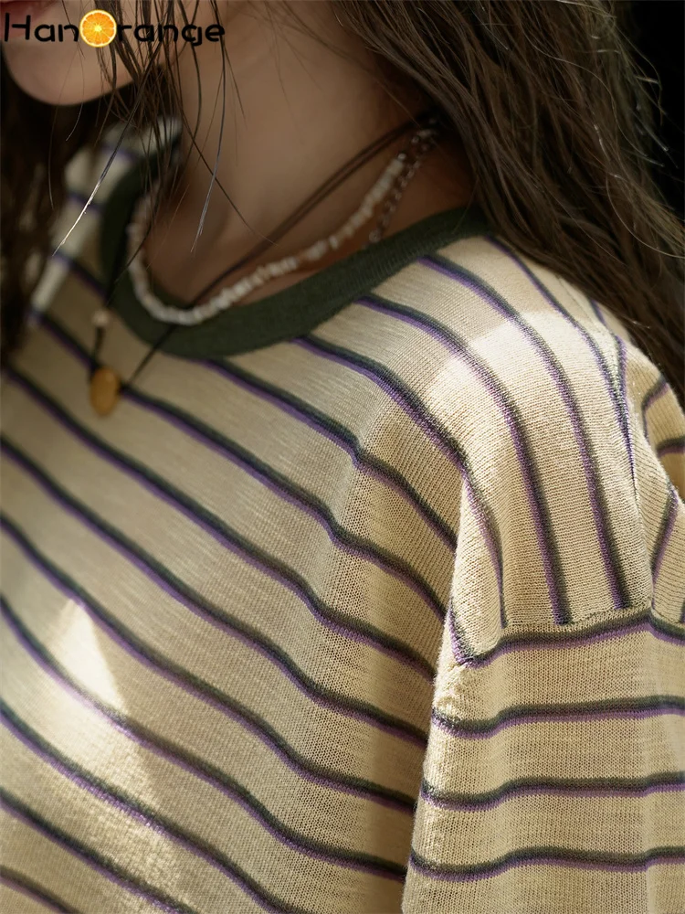 HanOrange 2025 Camiseta de punto a rayas con contraste de dopamina de verano para mujer, camisetas ligeras y transpirables, amarillo/rosa