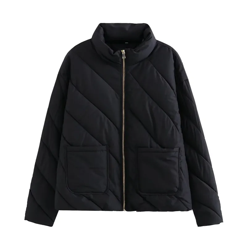 Black Trendy Cotton Jacket Quilted Diagonal Pattern Fashionable Autumn Winter New Arrival Women's Short Coat Zipper Closure