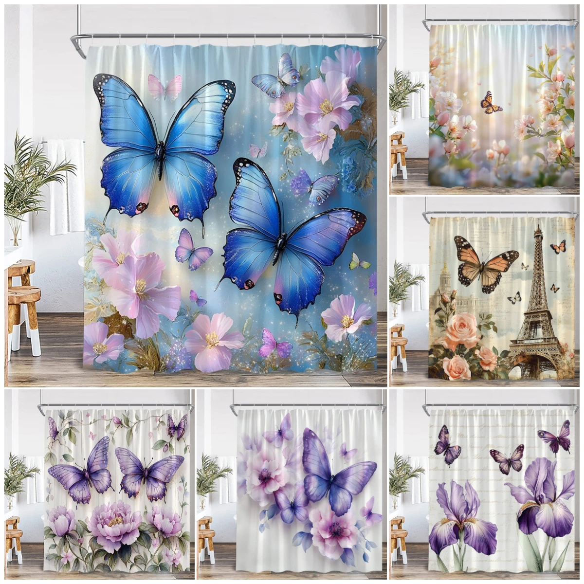 

Floral Butterfly Shower Curtains Vintage Paris Tower Butterflies Watercolour Pink Purple Flowers Bath Curtain Bathroom Decor Set