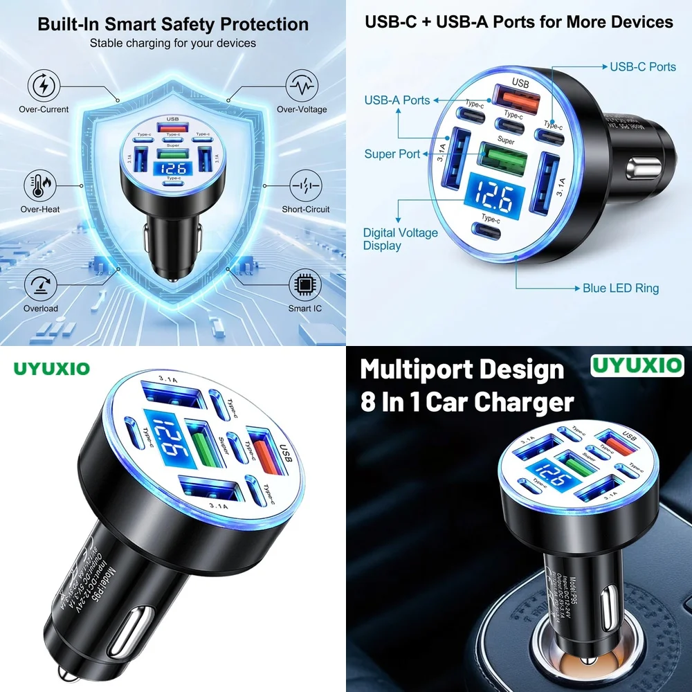 Multi Port 8 in 1 Car Charging Charger for iPhone 16 Pro Max Samsung S26 Ultra iPad with Digital Voltage Display for All