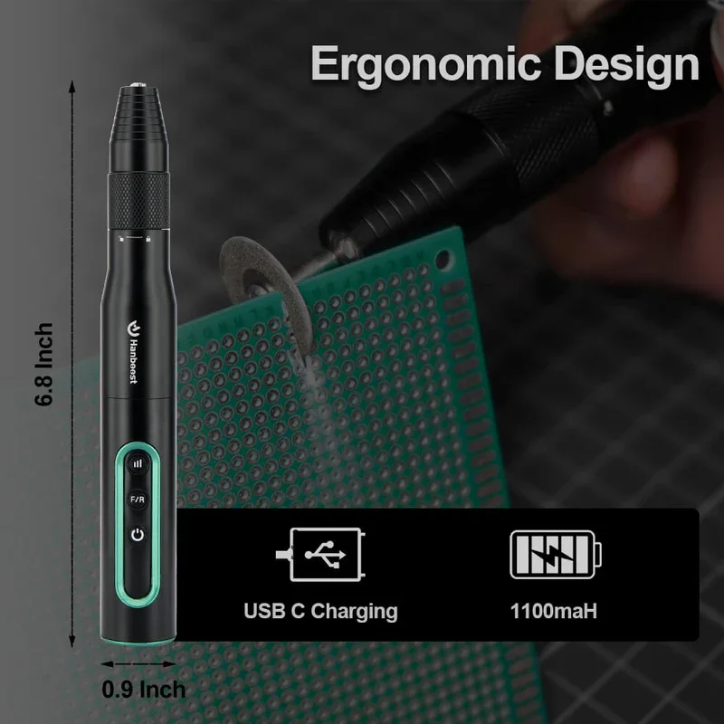 

Hanboost S2 30000RPM 2Way Rotary Tool 54 Accessories 11000mAh USB C 6Speed Low Noise for DIY Cutting Carving