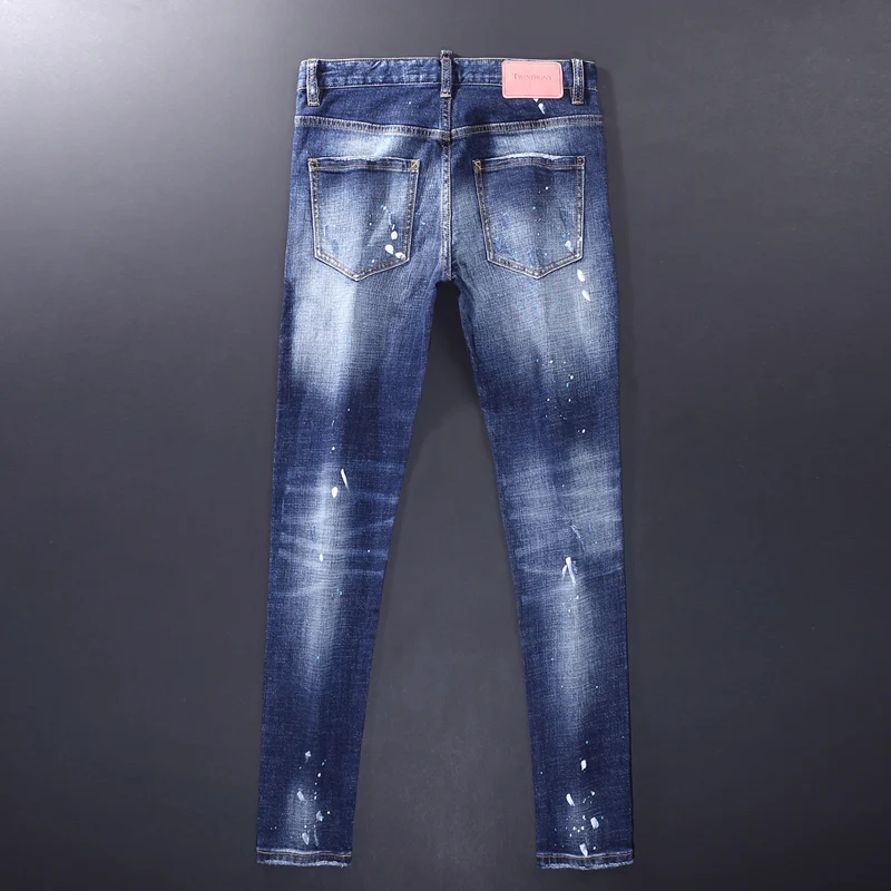 High Street Fashion Men Jeans Retro Blue Stretch Skinny Fit Painted Ripped Jeans Men Vintage Designer Brand Denim Pants Hombre