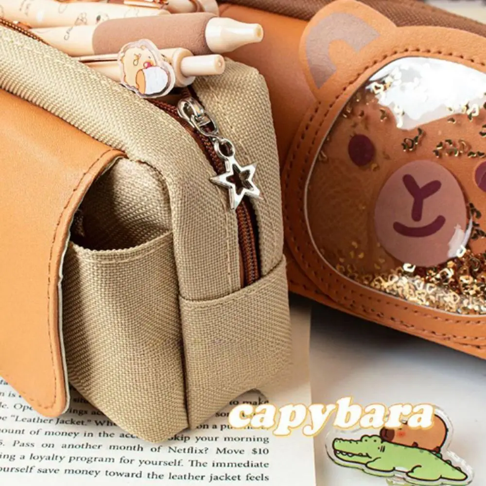 Large Capacity Capibara Pen Bag Cartoon Star Shaped Zipper Glitter Pen Case Desktop Storage Canvas Capibara Pencil Pouch Girls