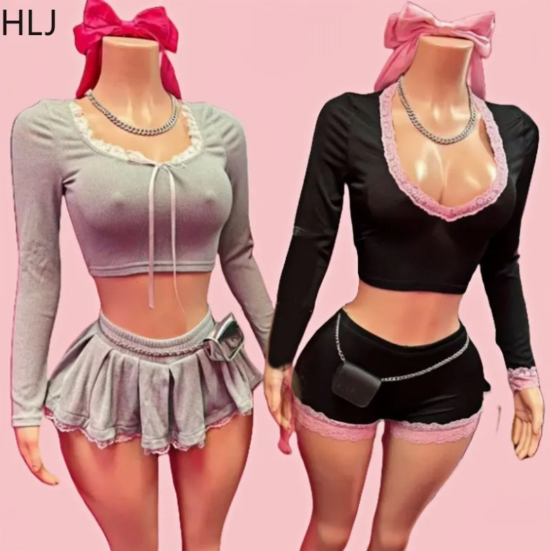 HLJ Gray Y2K Fashion Bow Lace Splicing Hooded Two Piece Sets Women O Neck Long Sleeve Crop Top And Pleated Mini Skirts Outfits