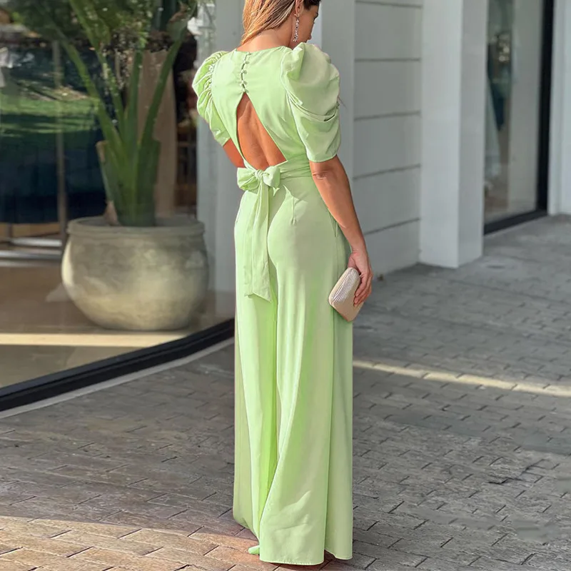 Uoozee Women's Solid Color Elegant Party Evening Jumpsuit Puff Sleeve Lace-Up High Waist Wide Leg Urban Office Overalls 2026 New