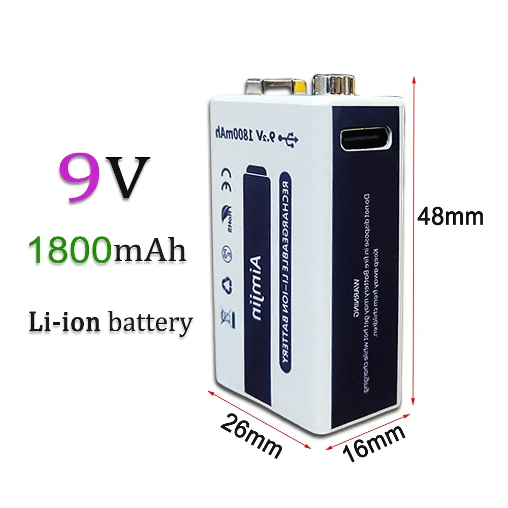 

9V New 100% Original 1800mAh Fast Charging Li-ion Battery USB TYPE-C For Microphone, Toy Remote Control,Alarm+Data Cable