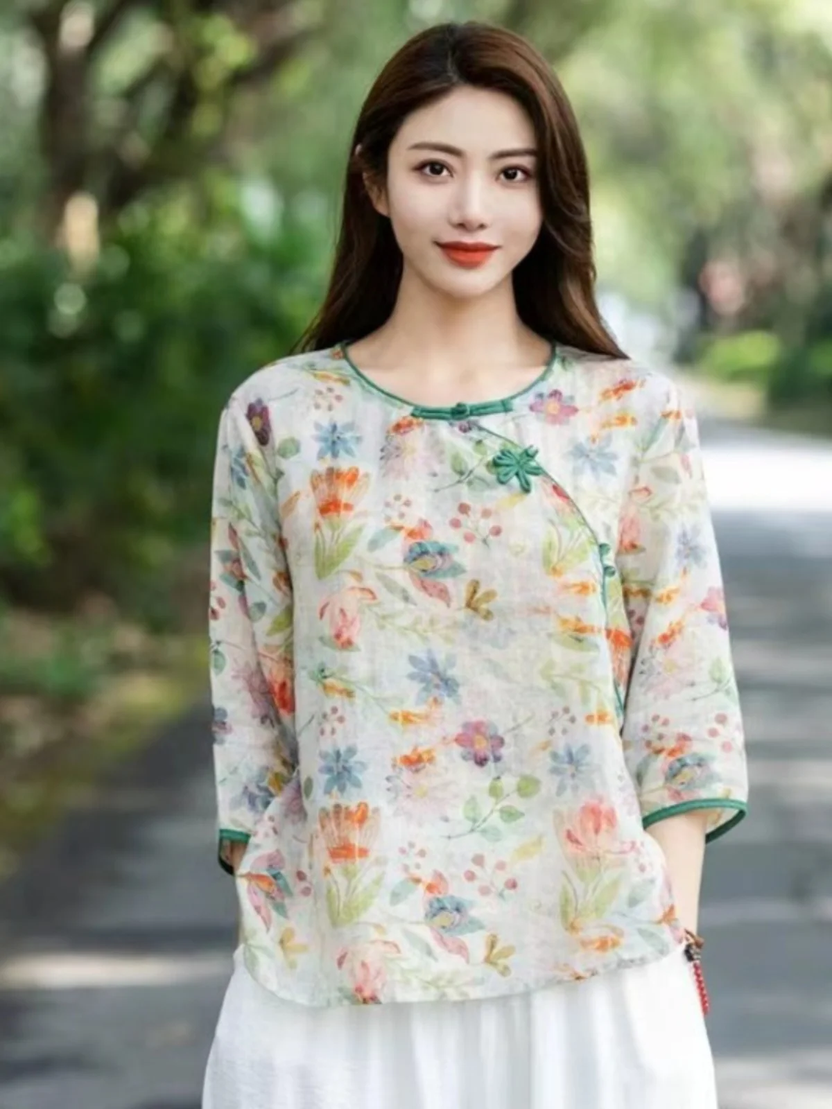 ريترو التباين اللون القطن الكتان طباعة irt المرأة الجديدة الصيف رقيقة Sve سبعة بلوم الأزهار أعلى زر متابعة جولة Ne #4