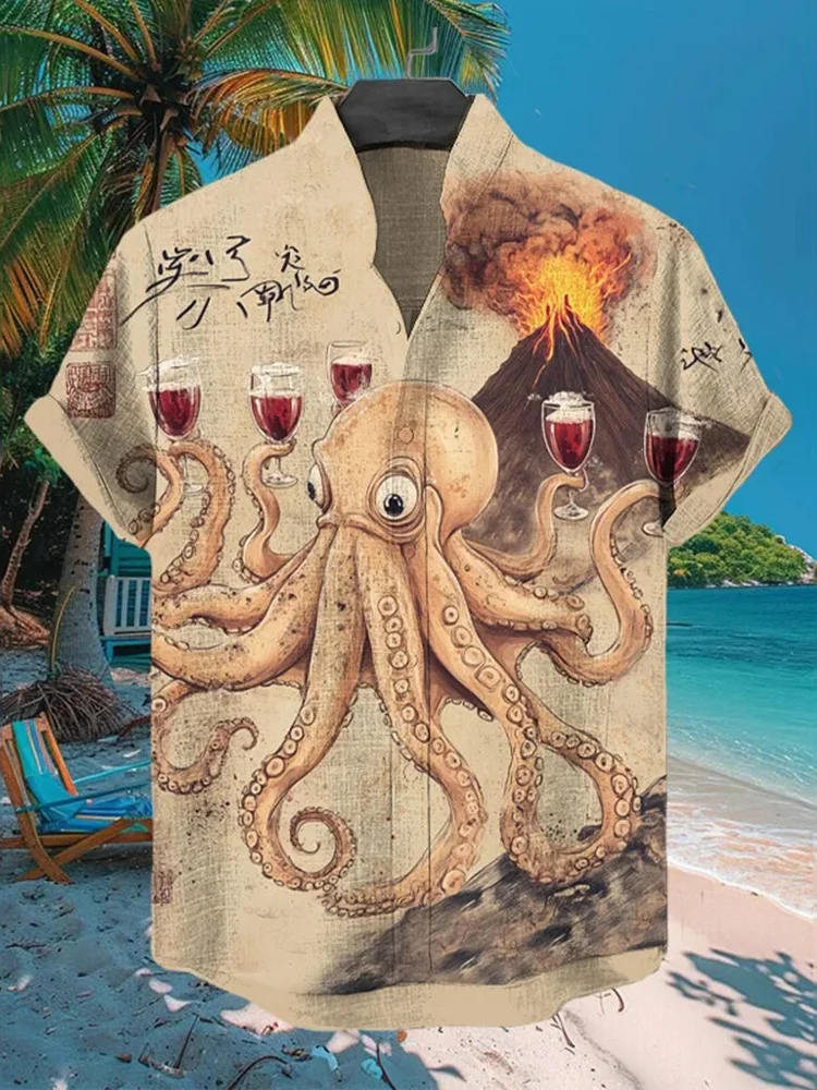 

Men's Holiday Shirts Vintage Octopus Drinks Red Wine Volcanic Eruption Scene 3D Print Short Sleeve Shirt Cartoon Hawaiian Blouse