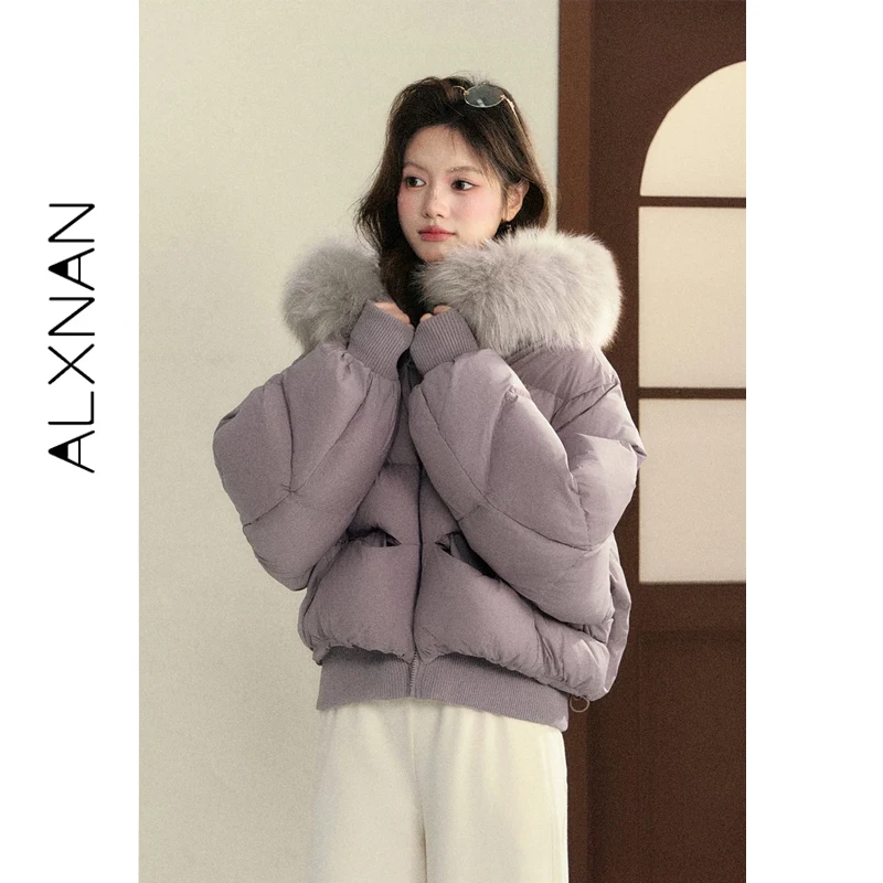 ALXNAN Women's Down Jacket Lightweight Padded Puffer Coat Short Thick Purple Parka Female Winter Outerwear with Fur Hood L601118