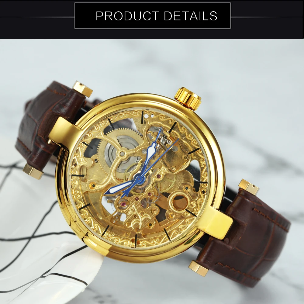 Forsining Fashion Luxury Skeleton Automatic Watch for Women Luminous Hands Elegant Gold Mechanical Ladies Watches Leather Strap