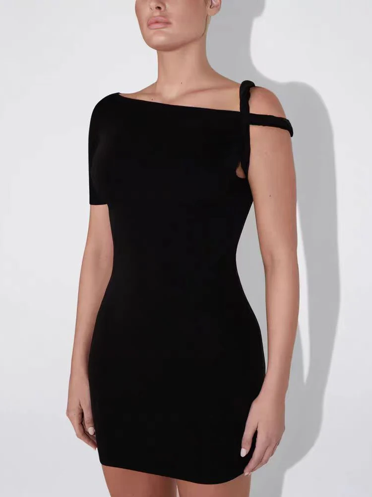 

Stretch knit package hip short dresses temperament elegant one-shoulder asymmetric Slim Women's Dress 2024 summer new