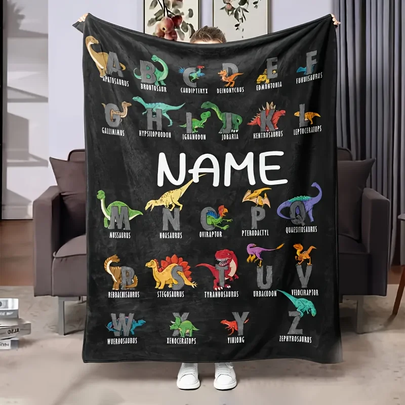 【Anpassung】 1 Stück kreative Flanelldecke mit Dinosaurier-Muster und Namen, individuell, Weihnachtsdecke, Geburtstagsgeschenk, Geschenkdecke