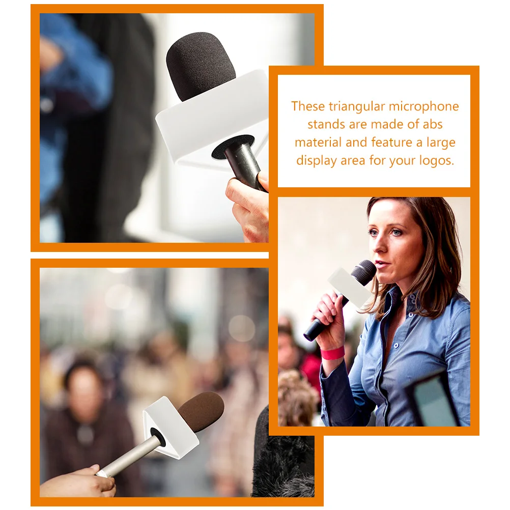 

4pcs ABS PVC Triangular White Microphone Logo Stations Practical Interview Large Display Area Mic Holder Isolation Flag Box