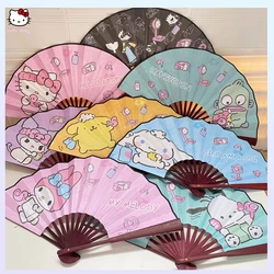 Kawaii Hello Kitty Cinnamoroll Folding Fan Sanrios Kuromi Wooden Bamboo Hand Crank Fan Creativity Portable Fan Decor Art Craft