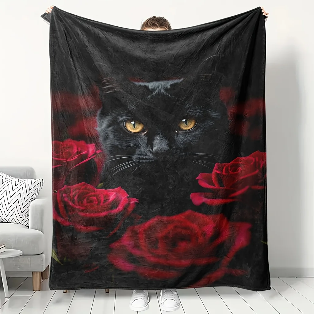 Golden Eye Black Cat Surrounded Red Rose Black Base Flannel Throw Blanket,Soft Warm Sofa Cover,Gothic Animal Floral Bedroom Gift