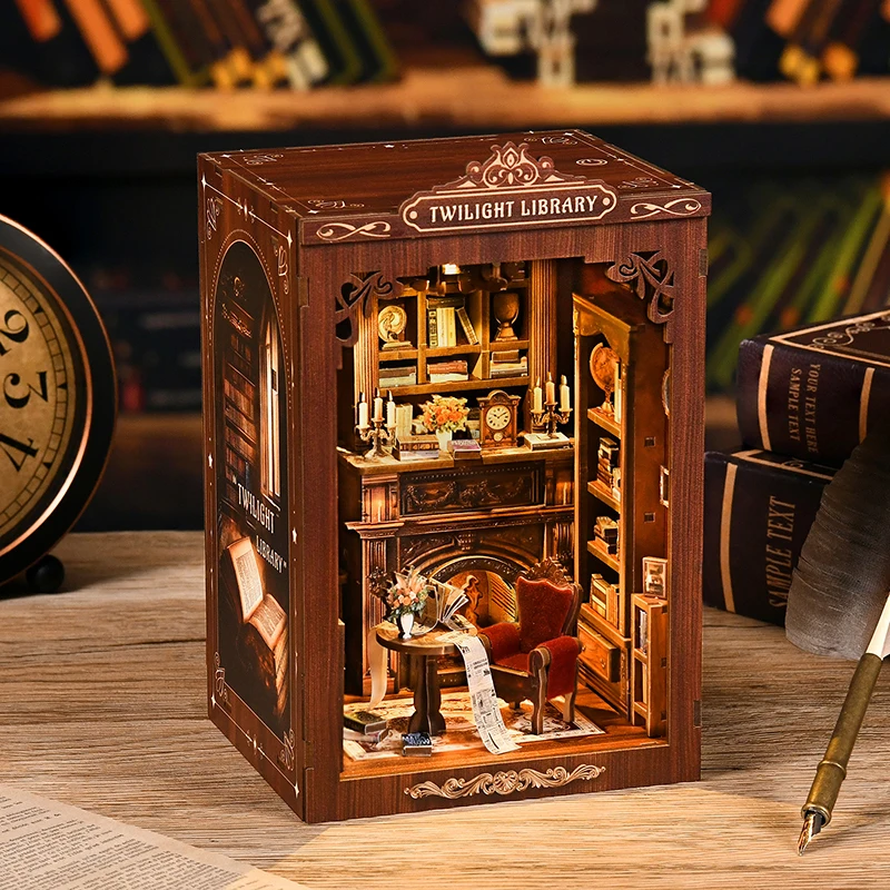 DIY Wooden Book Nook Shelf Insert Kit Twilight Library Bookend With Light Miniature Model Kits Bookshelf for Friends Gifts