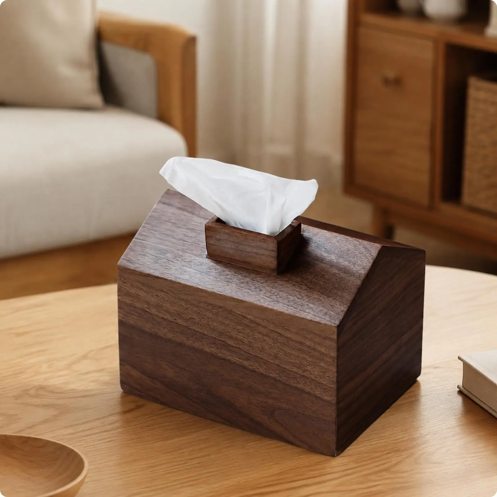 Wooden Tissue Box Holder with Sloped Roof Design for Coffee Table Dining Table Bedside Desk