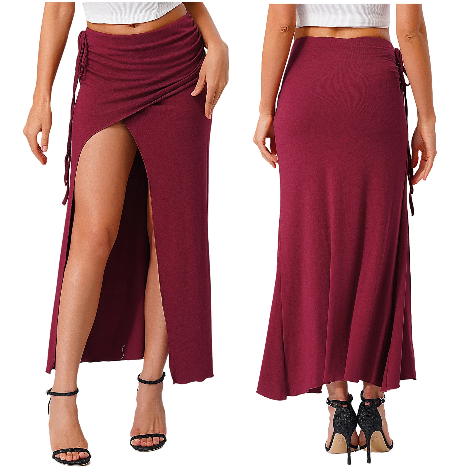 

Belly Dance Skirt Womens Performance Costume Side Drawstring+Slit Safety Shorts Ruched Bodycon Maxi Skirt Club Party Beachwear