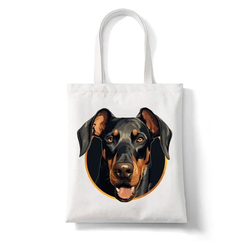 

Beige Casual Canvas Bag Doberman Front Smile Print Black Brown Gradient Fur Plump Lip Tongue Texture Cute Pet-Style Bag
