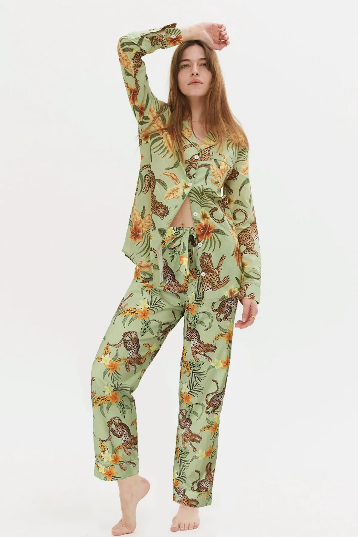 بيجامة نسائية جديدة بطباعة الغابة البرية سراويل بأكمام طويلة ملابس ترفيهية قطنية يمكن ارتداؤها في الخارج