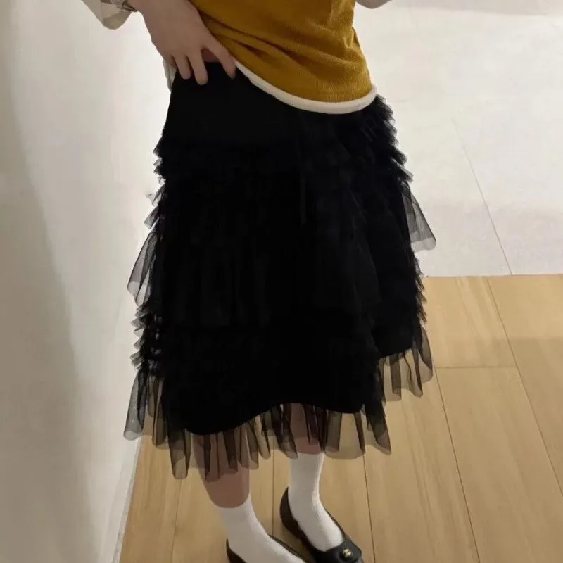 Women High Waist Multi Layer Tulle Cake Midi Skirt