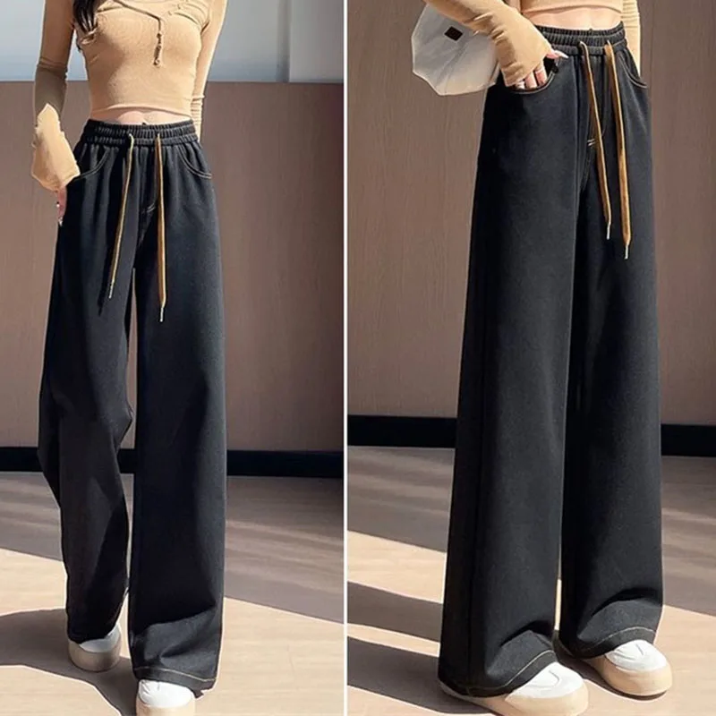 Korean Women Velvet Wide Leg Soft Jeans Autumn Femme High Waist Denim Pantalons Lady Large Size 5XL Cowboy Straight-leg Trousers
