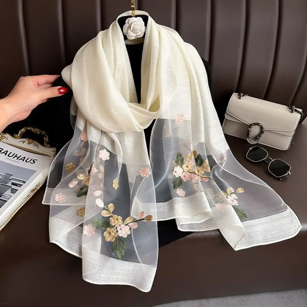 Elegant Soft Thin Luxury Silk Scarf Large Foulard Women Hijab Shawls Flower Embroidery Wraps Shiny Lace Scarf Female