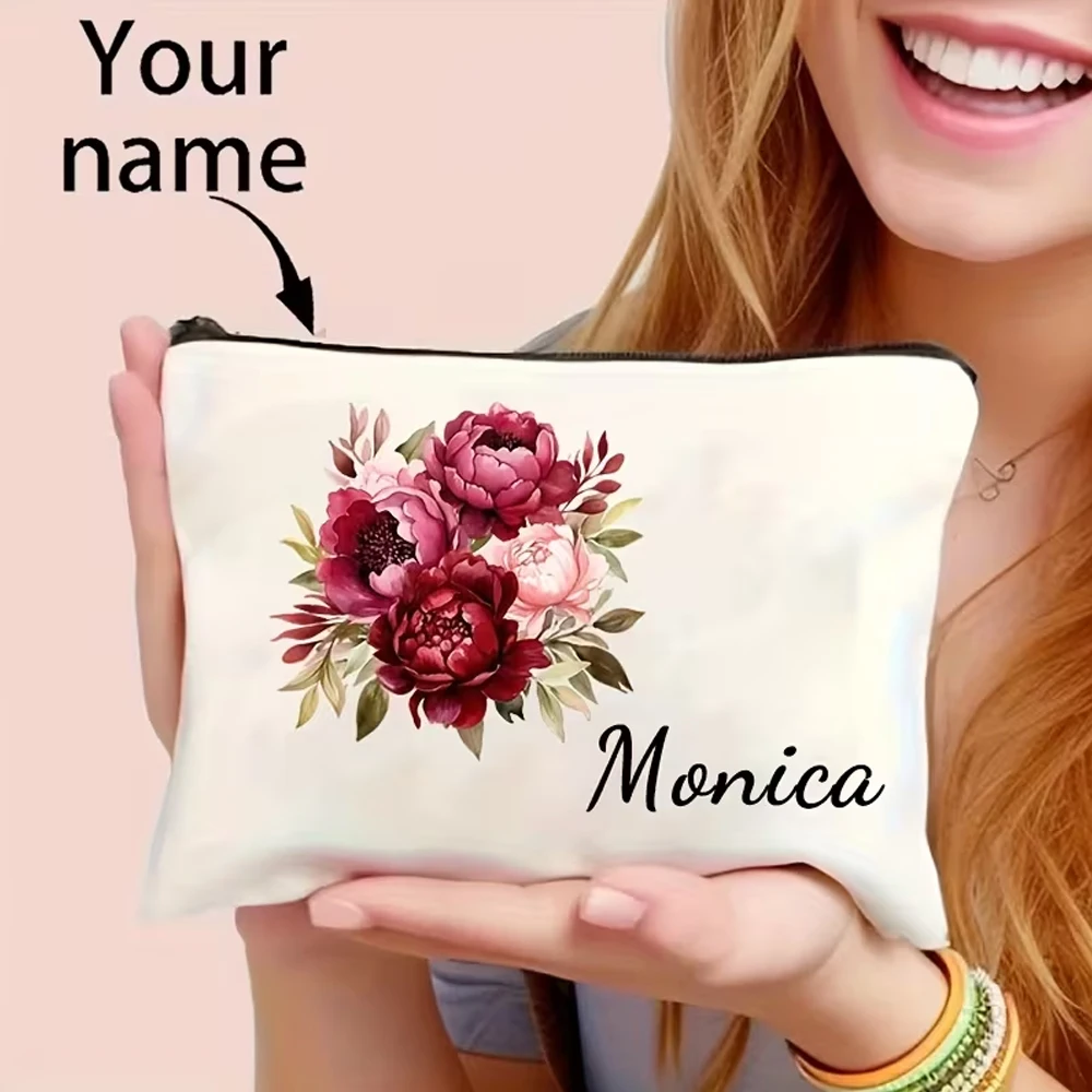 1 Custom Name Floral Pattern Printed Makeup Bag, Lightweight Travel Toiletry Storage Bag, Bridesmaid Gift, Teacher Birthday Gift, Mother's Day, Valentine's Day, Easter, Independence Day Gift, Travel Toiletry Bag