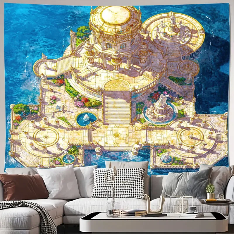 Tapisserie murale de luxe en toile dorée, impression artistique, architecture méditerranéenne rétro, décoration de maison, cadeau