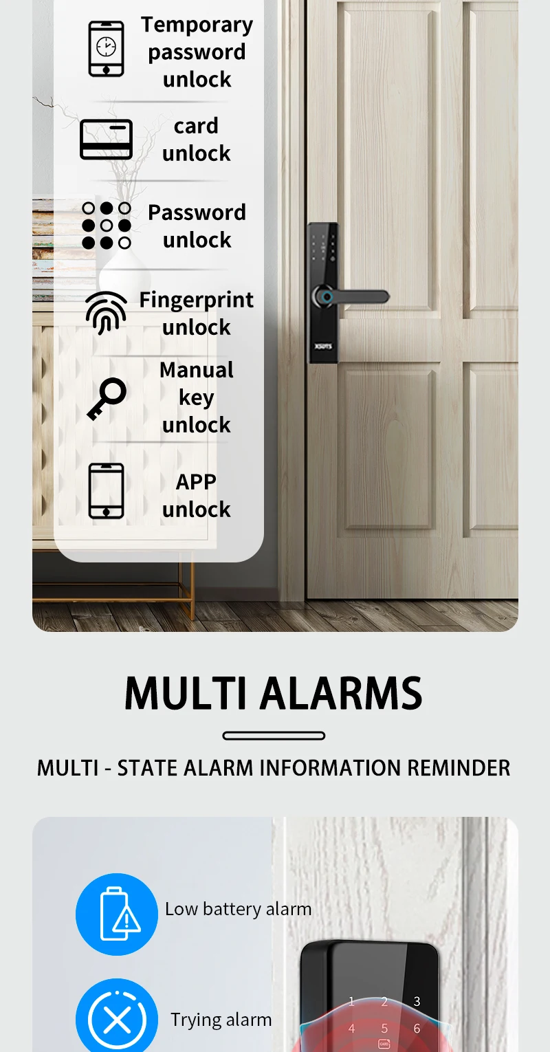 XSDTS Electronic Smart Door Lock With Biometric Fingerprint Smart Card Password Key Unlock USB Tuya APP Emergency Charge Lock