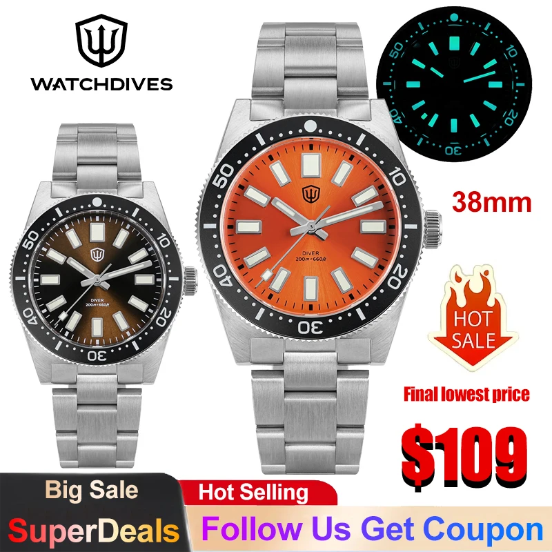 Watchdives WD1965 Quartz Watch VH31 Sweep Movement 38mm Luxury Men's Watch Sapphire BGW9 Luminous 20Bar Waterproof Watches