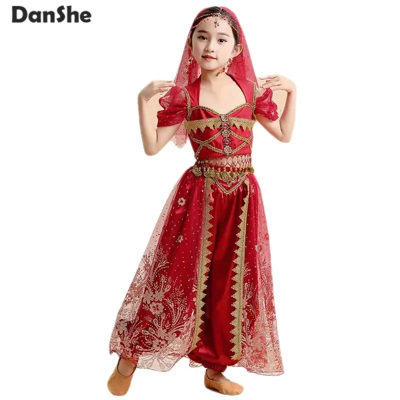  Kids India Princess Belly Dance Set Children  Oriental Indian Dance Sari Girl Performance Costume Bollywood Stage Outfit