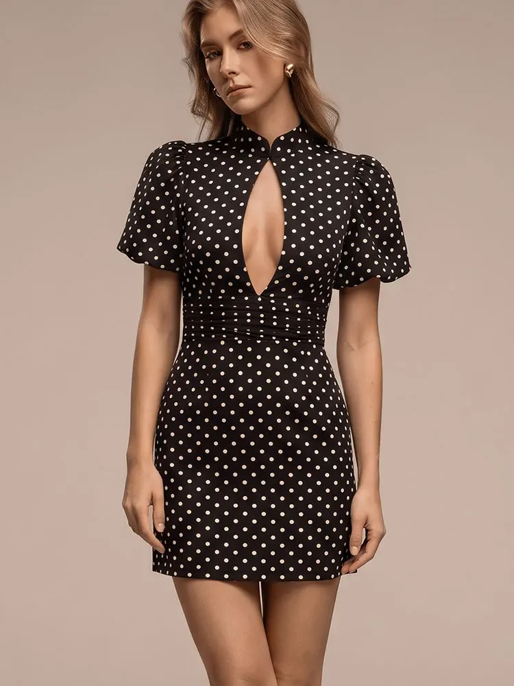 HH Damen Retro Stehkragen Polka Dot Kleid Klassisches Party-Puffärmel-Kleid Lässiges Sommer-Strandkleid mit Rückenreißverschluss Mini-Kleid