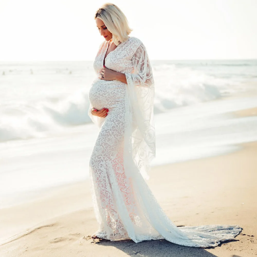 Maternity Photography Dress Lace Maternity Gown V neck Wraped Flare Sleeves Women's Maxi Dress Baby Shower Photo Shoot Dress