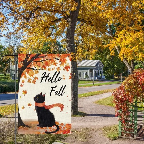 Hello Fall Garden Flag 12 x 18 Inch Vertical Double Sided Burlap, Black Cat G... YYZ