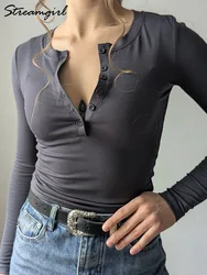 Basic Button Up T Shirts For Women Long Sleeve Top Spring Solid Pullover White Tees Slim Fit Women Long sleeve T-shirts For Lady