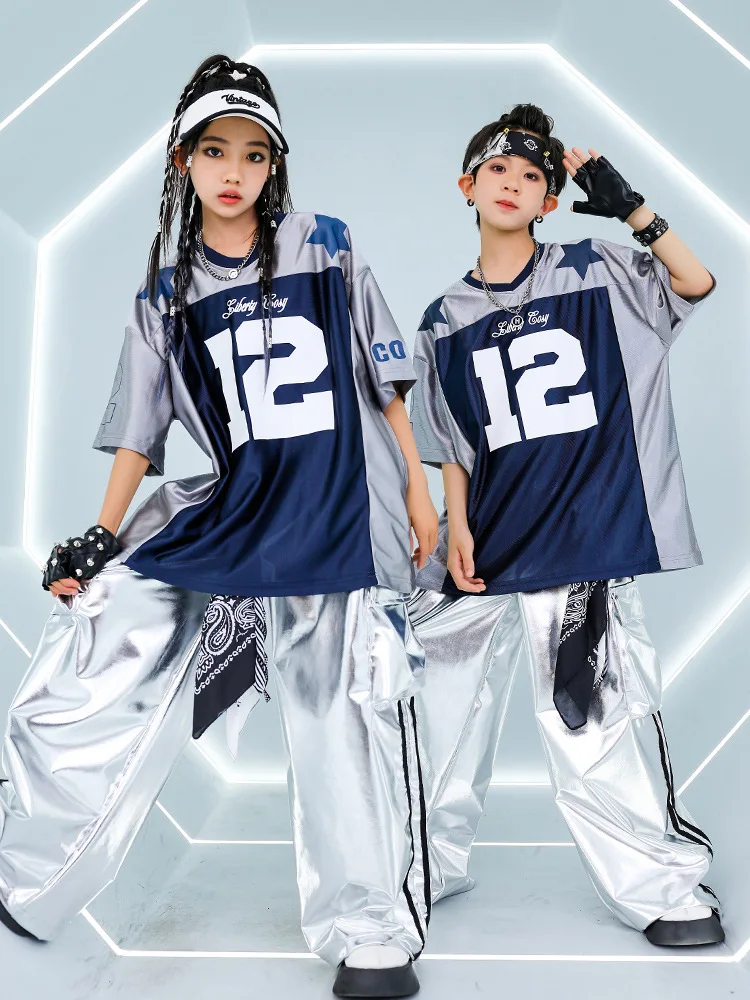 Hip Hop Girls Contrast Color T-shirt PU Leather Shiny Cargo Pants Boys Cool Street Dance Clothes Sets Kids Jazz Child Streetwear