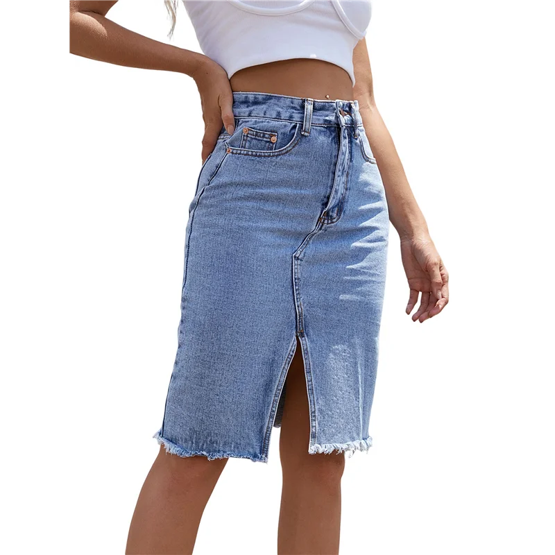 

CYL-Women's High Waisted Split Front Raw Hem Bodycon Midi Denim Skirt