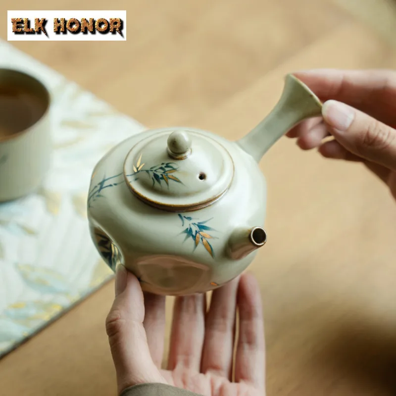 180ML Antique Gold Drawing Side Handle Teapot Pure Hand-painted Green Bamboo Pot Tea Maker Kettle For Tea Equipment Ornaments