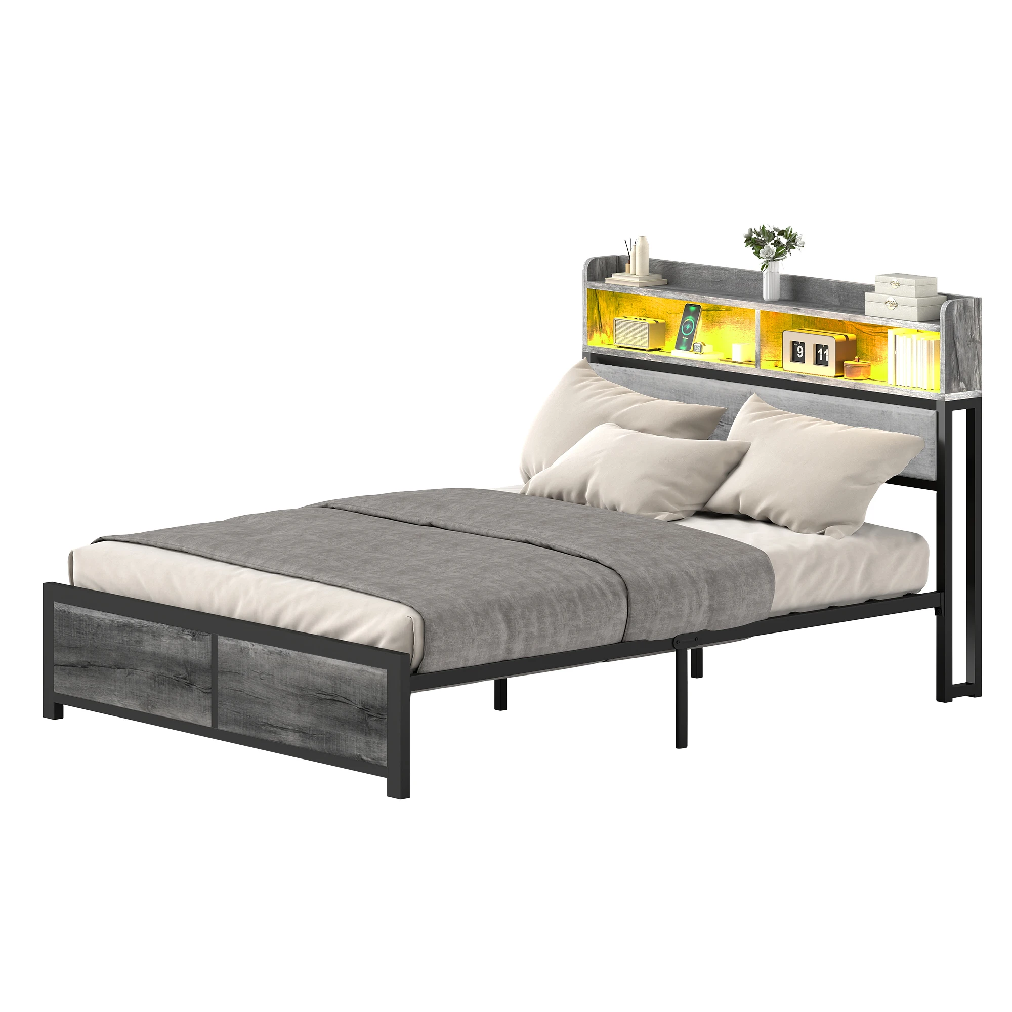YITAHOME King Size Grey Bed Frame with LED Headboard USB Ports & 2 Shelves  i  Metal Platform No Box Spring Needed