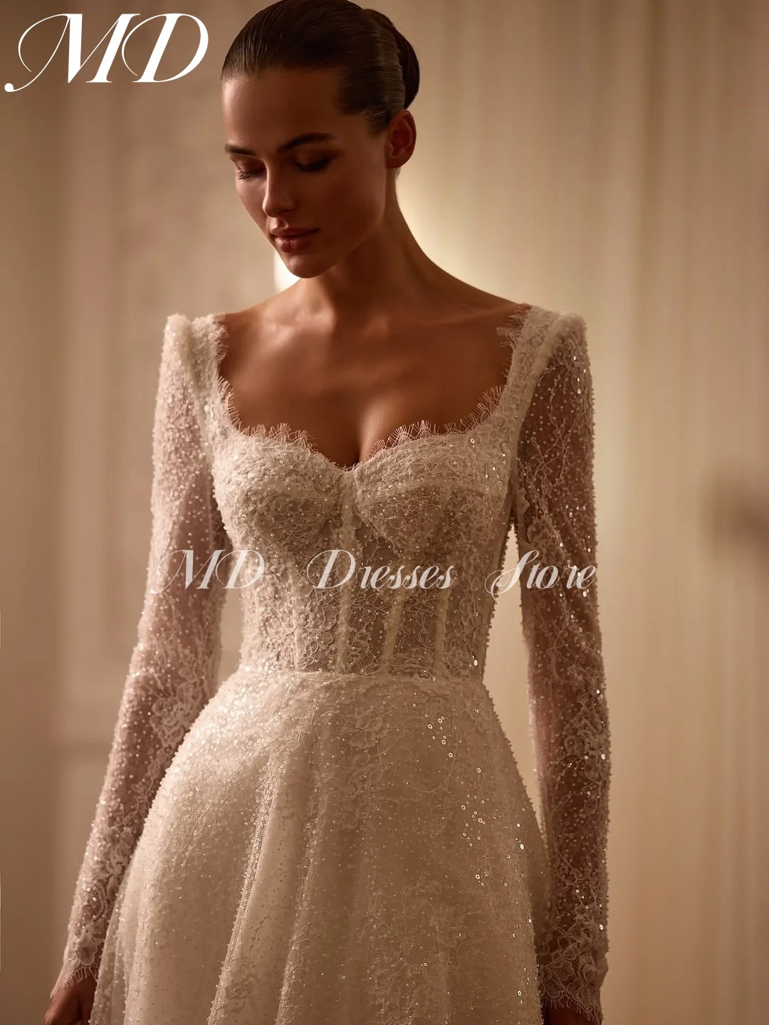 MD New Exquisite A-line Wedding Dress Square Collar Sparkly Lace Floor-Length Bridal Gown Gloves Customized vestidos de novia