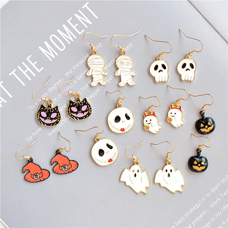 Gold Color Multi Colored Drip Glue Witch Hat, Ghost Floating in The Air, Cat Pumpkin Earrings UNISEX Halloween Elemental Earring